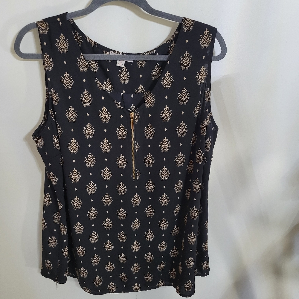 Black And Gold Zippered Sleeveless Top, Size 1X